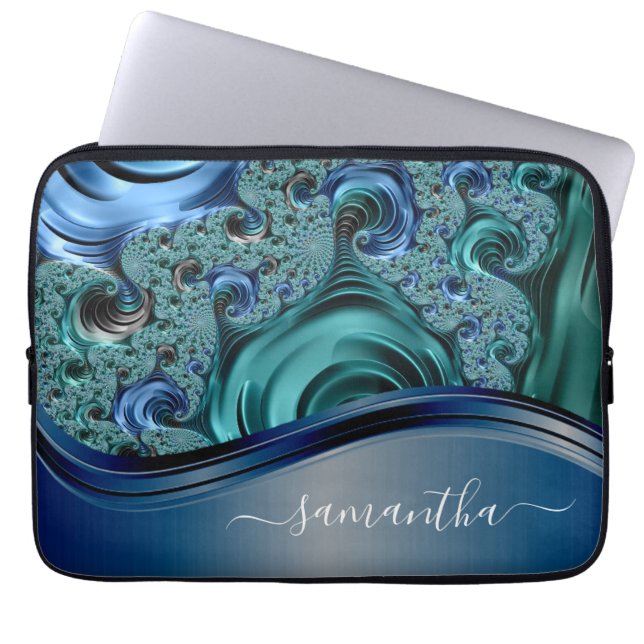 Capa Para Notebook Nome manuscrito azul Fractal Moderno (Frente)