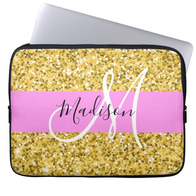 Capa Para Notebook Nome Monograma Brilho Rosa e Dourado Glamour (Frente)