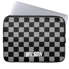 Capa Para Notebook Nome monograma xadrez preto e cinza personalizado