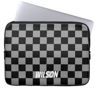 Capa Para Notebook Nome monograma xadrez preto e cinza personalizado