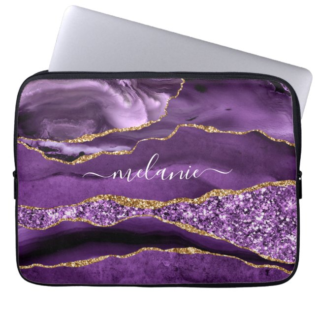 Capa Para Notebook Nome Personalizado de Geodo Glitter Dourado Violet (Frente)