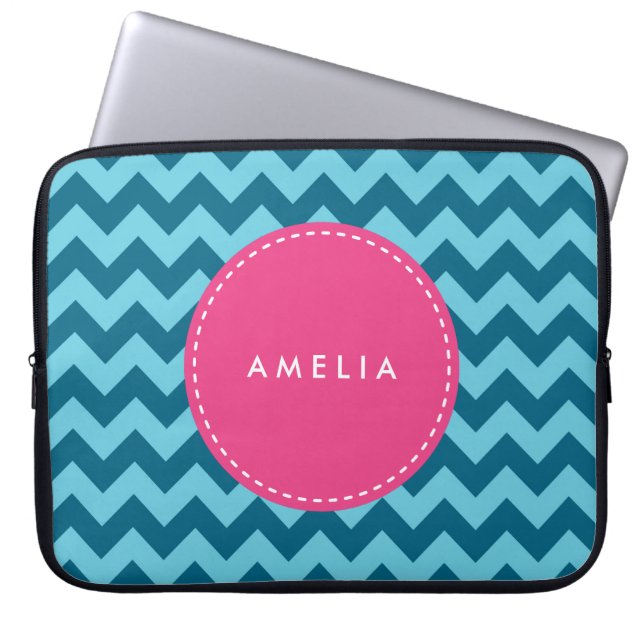 Capa Para Notebook Nome Personalizado Monograma Blue Chevron (Frente)