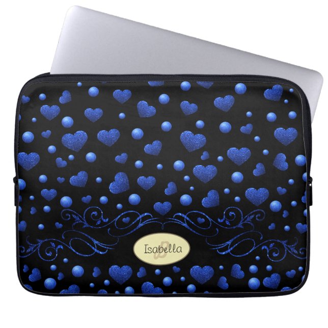 Capa Para Notebook Nome personalizado, padrão de brilho cardíaco azul (Frente)
