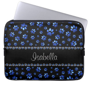 Capa Para Notebook Nome personalizado, patas de cão com brilho azul