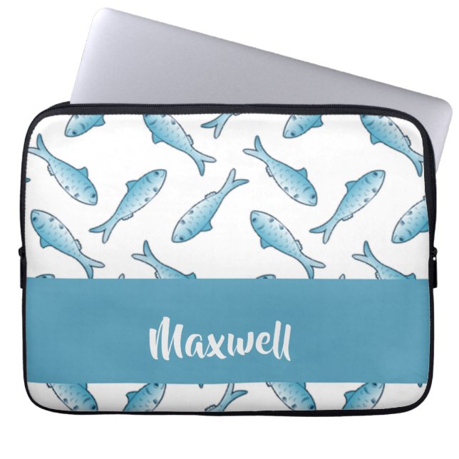 Capa Para Notebook Nome personalizado peixe azul em branco (Frente)