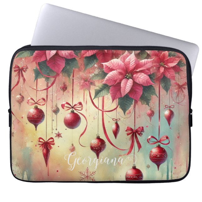 Capa Para Notebook Nome Personalizado Poinsettia Whimsical Baubles de (Frente)