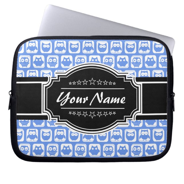 Capa Para Notebook Nome Personalizado Preto-Coruja Azul (Frente)