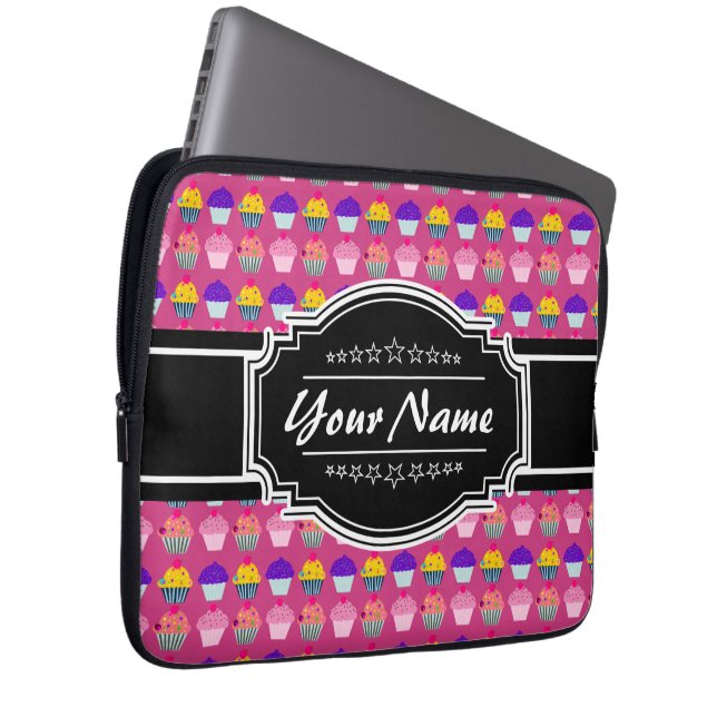 Capa Para Notebook Nome Personalizado Preto Padrão do cupcake (Frente Esquerda)