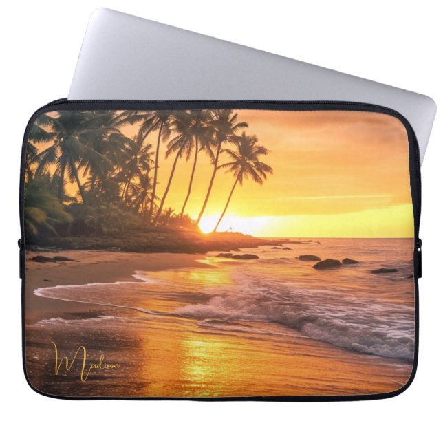 Capa Para Notebook Nome personalizado Sunset de praia tropical (Frente)