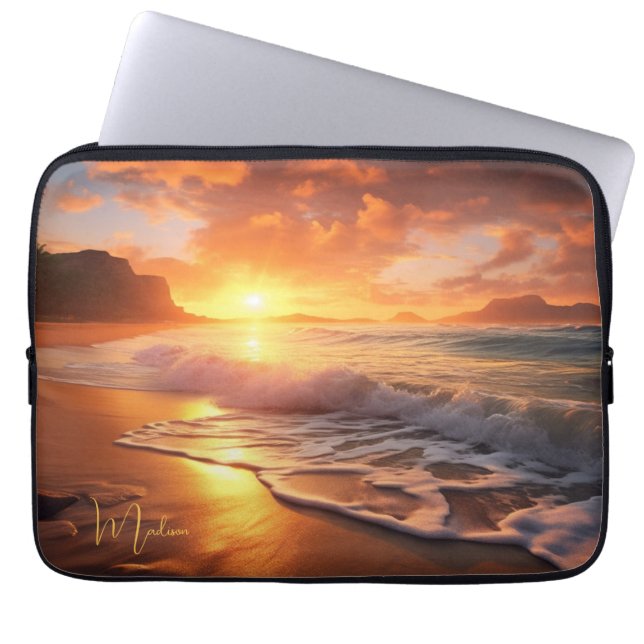 Capa Para Notebook Nome personalizado Sunset de praia tropical (Frente)