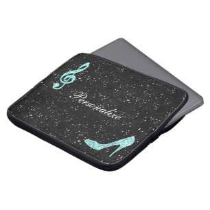 Capa Para Notebook Nota Musical e Salto Alto Brilhantes em Azul Turqu