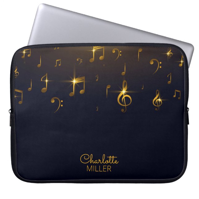 Capa Para Notebook Notas de música Douradas e nome personalizado (Frente)