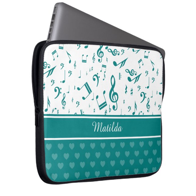 Capa Para Notebook Notas de Música e Corações Padrões Teal e Branco (Frente Esquerda)