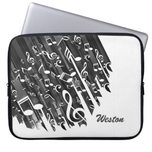 Capa Para Notebook Notas de música em branco preto e monograma perso