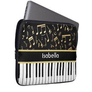 Capa Para Notebook Notas Musicais e Chaves Piano Pretas e Douradas