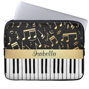 Capa Para Notebook Notas Musicais e Chaves Piano Pretas e Douradas