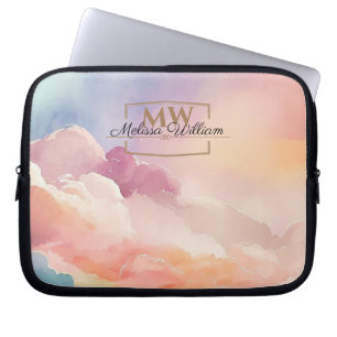 Capa Para Notebook Nuvens de Aquarelas Nome do Monograma Dourado Pret