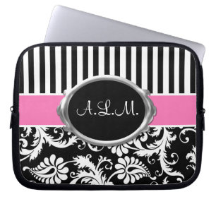 Capa Para Notebook O damasco cor-de-rosa, preto, branco listra a