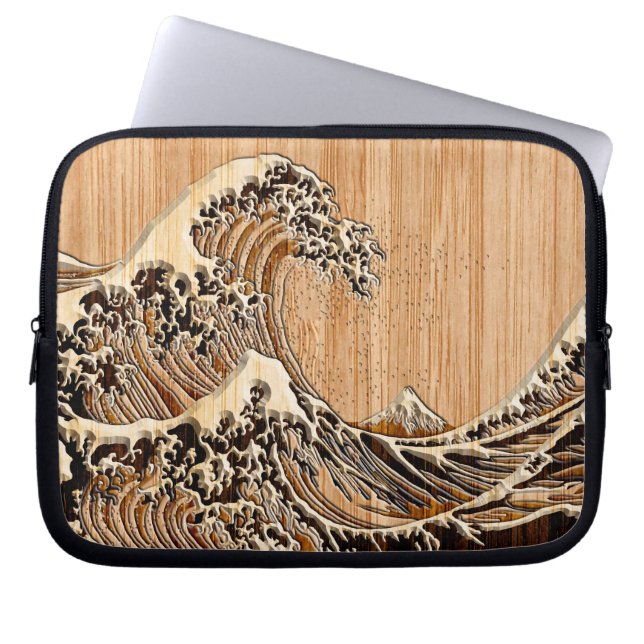 Capa Para Notebook O Excelente Hokusai Wave Bamboo Wood Inlay Style (Frente)