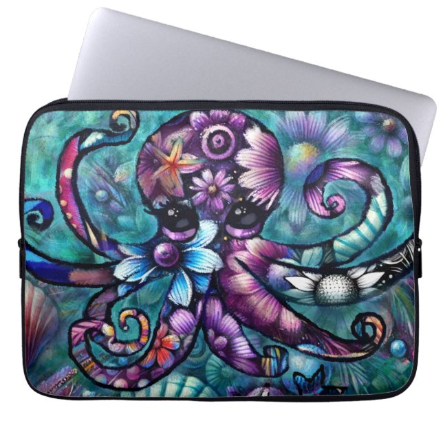 Capa Para Notebook Octopus Floral Teal Roxo Azul Costeira (Frente)