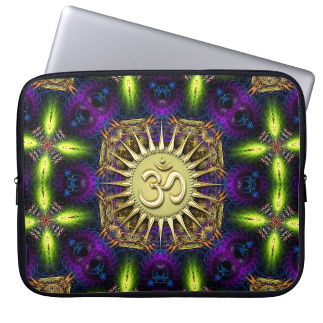 Capa Para Notebook OM Bolsa de laptop de tapeçaria Fractal Verde Roxo (Frente)