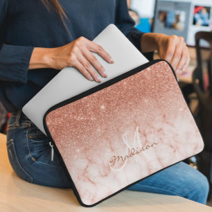 Capa Para Notebook Ombre em brilho dourado rosa mármore Monograma