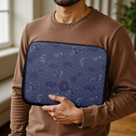 Capa Para Notebook Onda Tradicional Japonesa Azul Monograma Seigaiha