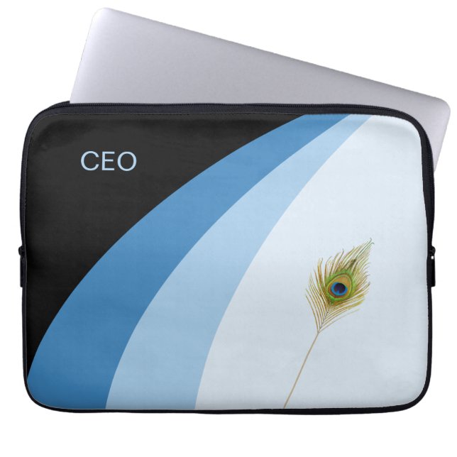 Capa Para Notebook Ondas abstratas em tons azuis e pena de pavão (Frente)