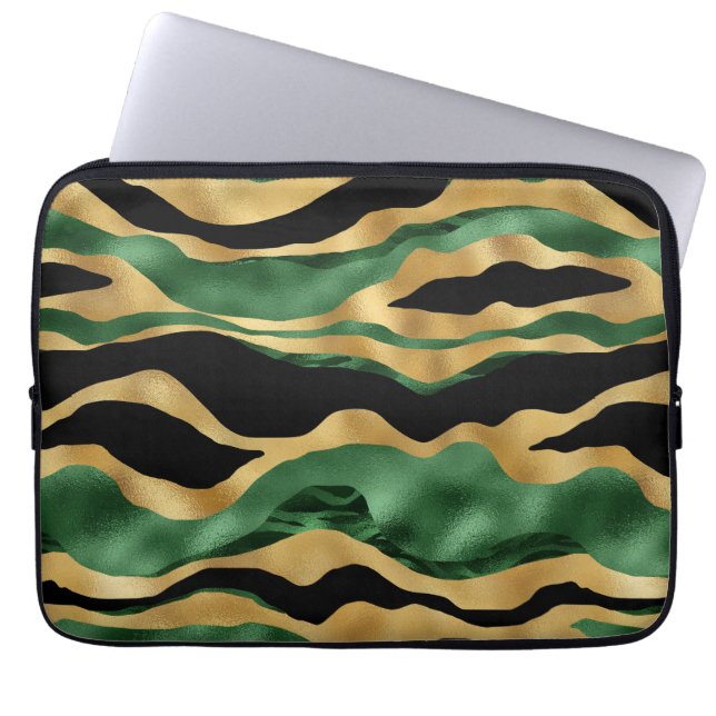 Capa Para Notebook Ondas Douradas brilhantes verdes a preto (Frente)