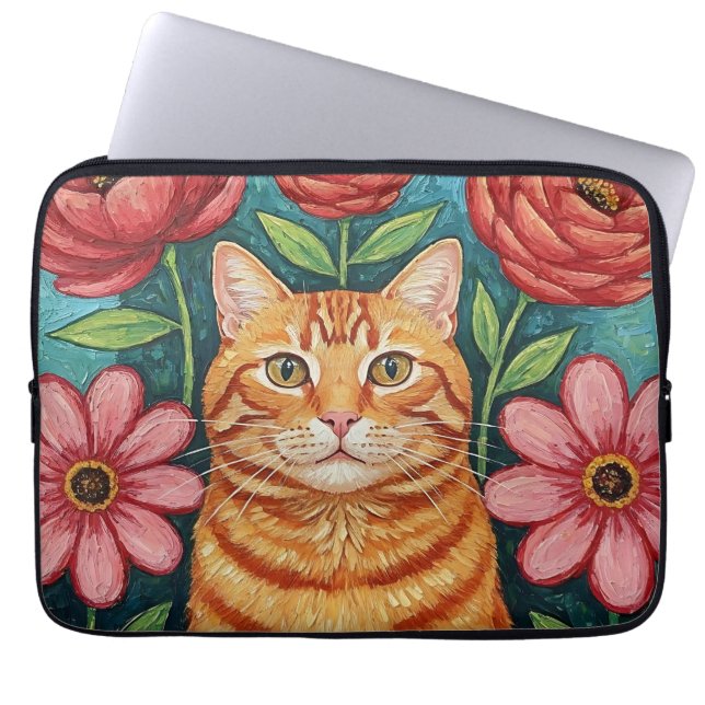 Capa Para Notebook Orange Cat Folk Art Flowers (Frente)