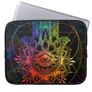 Capa Para Notebook Ornamentado hamsa: padrão de neon desenhado à mão.