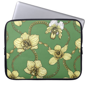 Capa Para Notebook Orquídeas e correntes, amarelas e verdes-kelly