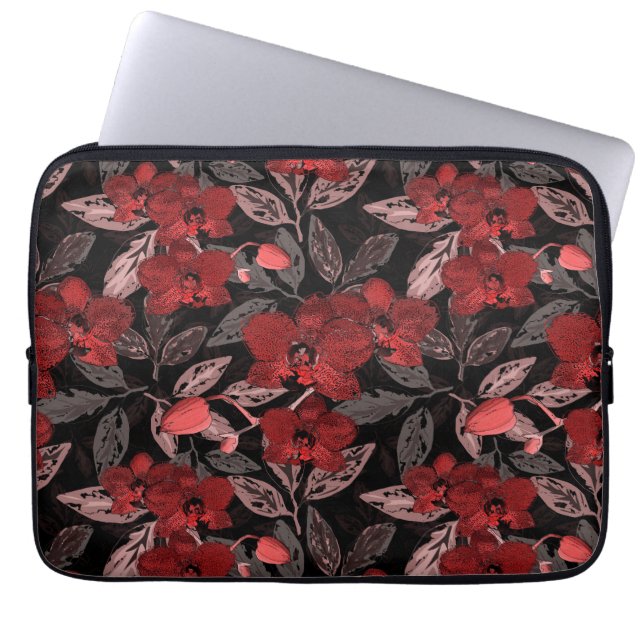 Capa Para Notebook Orquídeas vermelhas em preto. (Frente)