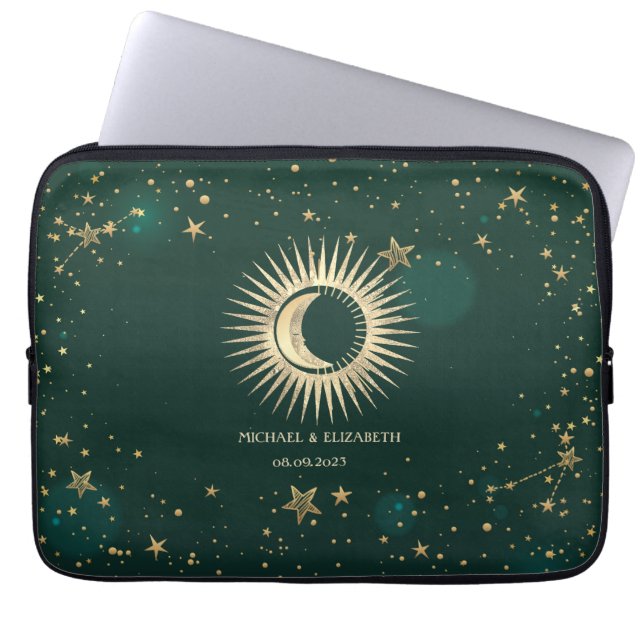 Capa Para Notebook Ouro Celestial Sol e Lua Estrelas Verde (Frente)