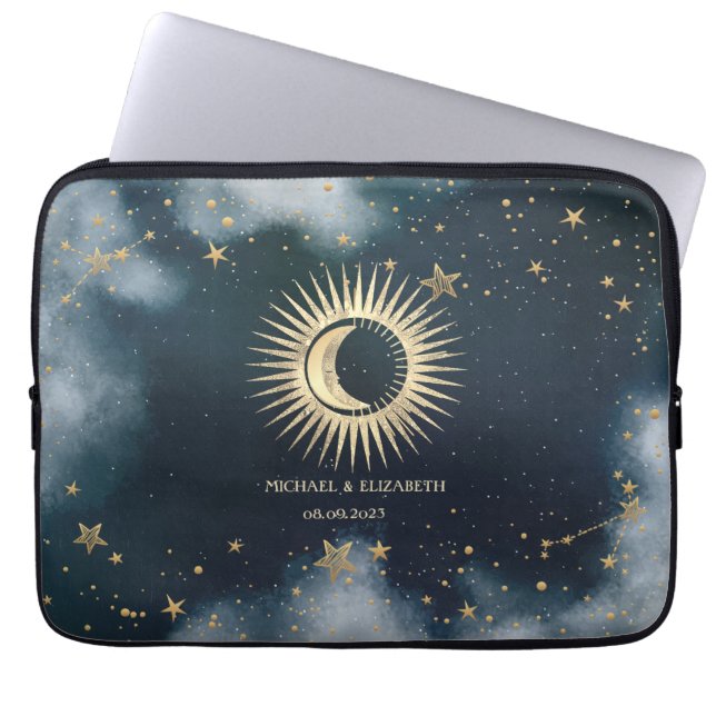 Capa Para Notebook Ouro Celestial Sol, Lua, Estrelas Céu Noturno (Frente)