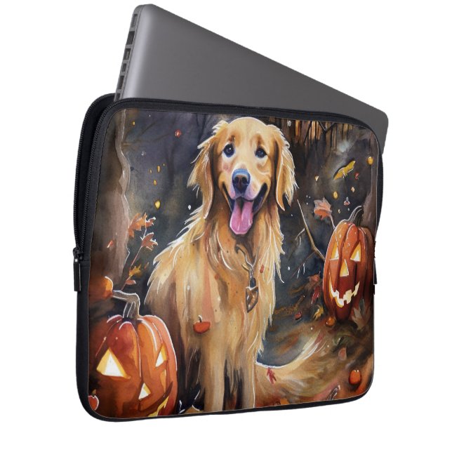 Capa Para Notebook Ouro De Halloween Retriever Com Pumpkins Assustado (Frente Esquerda)