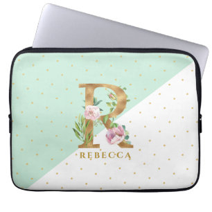Capa Para Notebook Ouro elegante e flores com letra R para Rebecca