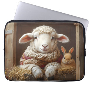 Capa Para Notebook Ovelhas e coelhos em celeiro com flores