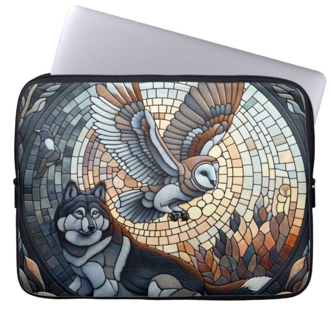 Capa Para Notebook Owl e Wolf Mosaic Ai Art (Frente)