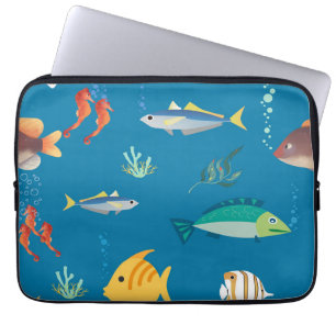 Capa Para Notebook Padrão Azul Ilustrado de Peixes e Cavalos-Marinhos