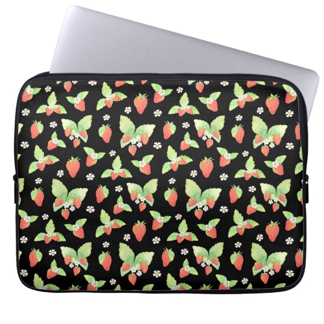 Capa Para Notebook Padrão Botânico de Morango em Aquarela Fofa (Frente)