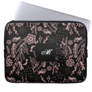 Capa Para Notebook Padrão Botânico preto-Dourado, Rosa, monograma L