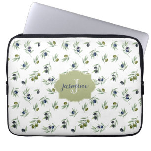 Capa Para Notebook Padrão Chic de Nome Monograma Verde Oliva Aquarela