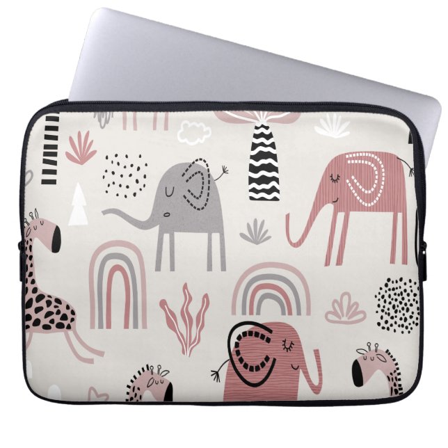 Capa Para Notebook padrão com elefantes e girafas fofos gigante   (Frente)