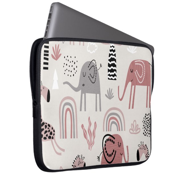 Capa Para Notebook padrão com elefantes e girafas fofos gigante  (Frente Esquerda)