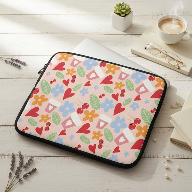 Capa Para Notebook padrão contínuo com corações, flores e cerejas (Criador carregado)
