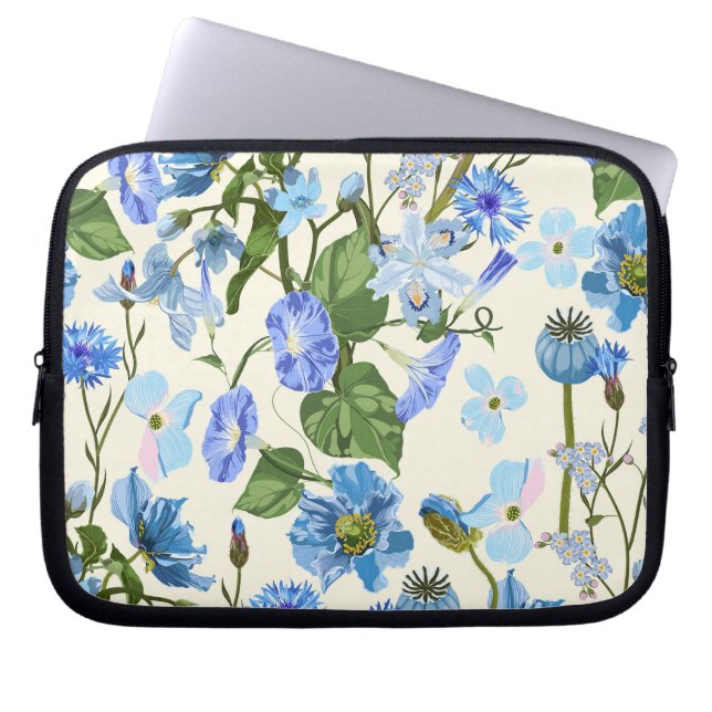 Capa Para Notebook Padrão contínuo com flores azuis. (Frente)