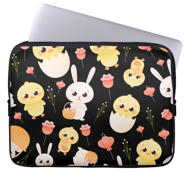 Capa Para Notebook Padrão contínuo de adoráveis coelhinhos e pintinho (Frente)