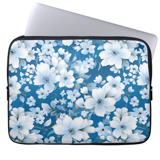 Capa Para Notebook padrão das flores brancas, fundo azul, (Frente)