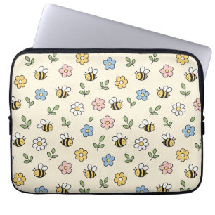Capa Para Notebook Padrão de Abelha e Flores de Desenho Animado